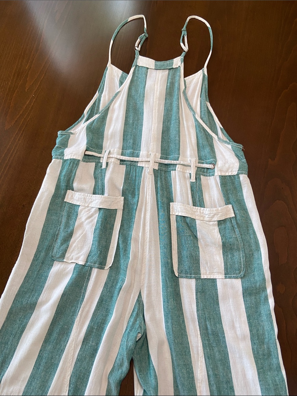 BDG Teal and Cream Striped Button-Front Jumpsuit (dungarees) with skinny straps - Picture 14 of 16